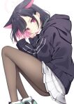  1girl animal_ears black_choker black_hair black_hoodie black_jacket blue_archive blush cat_ears choker colored_inner_animal_ears colored_inner_hair commission extra_ears hair_ornament hairclip halo highres hood hooded_jacket hoodie jacket kazusa_(blue_archive) long_sleeves looking_at_viewer multicolored_hair neckerchief pantyhose pink_hair pink_halo pink_neckerchief red_eyes sentouryoku_5 short_hair simple_background skeb_commission skirt solo two-tone_hair white_background 