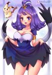  acerola_(pokemon) alternate_breast_size armlet bangs blue_dress breasts dress flip-flops flipped_hair grey_dress grey_eyes hair_ornament hairclip medium_breasts medium_hair mimikyu multicolored_clothes multicolored_dress pokemon pokemon_(game) pokemon_sm purple_hair sandals short_sleeves stitches sugarbell topknot torn_clothes torn_dress 