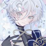  1boy black_gloves black_shirt blue_eyes bow cielomort_(fragaria_memories) closed_mouth cloud_hair_ornament crescent crescent_hair_ornament fragaria_memories fur-trimmed_hood fur_trim gloves grey_background grey_hair hair_bow hair_ornament heart highres hood looking_at_viewer male_focus musical_note shirt short_hair sketch smile solo star_(symbol) yukimi5daifuku 