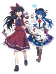  3girls ascot bare_shoulders black_footwear black_hair black_headwear blue_ascot blue_hair blue_skirt blush boots bow brown_eyes brown_footwear collared_shirt detached_sleeves frilled_skirt frills fruit_hat_ornament grin hair_between_eyes hair_bow hair_tubes hakurei_reimu hat_ornament highres hinanawi_tenshi japanese_clothes long_hair multiple_girls nontraditional_miko open_mouth peach_hat_ornament puffy_short_sleeves puffy_sleeves purple_hair re_ghotion red_bow red_eyes ribbon-trimmed_sleeves ribbon_trim shirt shoes short_hair short_sleeves sidelocks simple_background skirt smile socks sukuna_shinmyoumaru touhou white_background white_shirt white_sleeves white_socks wide_sleeves 