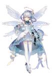  1girl angel_wings commentary detached_sleeves dress english_commentary feathered_wings full_body garter_straps gloves green_eyes grey_hair halo highres layered_dress lobelia_(saclia) looking_at_viewer maimai_(game) multiple_wings short_hair simple_background solo thighhighs white_background white_dress white_footwear white_gloves white_sleeves white_thighhighs white_wings wings 