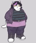 2023 anarchoblues anthro belly belt biped black_eyes black_hair bottomwear breasts catti_(deltarune) clothed clothing converse_shoes deltarune domestic_cat double_chin ear_piercing ear_ring felid feline felis female frown full-length_portrait fur grey_background hair hand_in_pocket highlights_(coloring) jacket leggings legwear looking_away mammal narrowed_eyes obese obese_anthro obese_female overweight overweight_anthro overweight_female pattern_clothing pattern_shirt pattern_topwear piercing pink_bottomwear pink_clothing pink_highlights pink_skirt pockets portrait ring_piercing shirt simple_background skirt solo standing striped_clothing striped_shirt striped_topwear stripes tail thick_thighs topwear undertale_(series) whiskers white_body white_fur yellow_sclera
