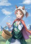  1girl :d absurdres animal_ears aoniyoshi basket bird brown_hair ears_through_headwear fine_motion_(hello_my_clover)_(umamusume) fine_motion_(umamusume) green_eyes hair_between_eyes highres holding holding_basket horse_ears horse_girl long_sleeves looking_at_viewer multicolored_hair official_alternate_costume rainbow sidelocks smile solo two-tone_hair umamusume white_hair 