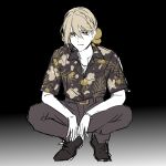  1boy bead_bracelet beads black_background black_footwear black_pants black_shirt blonde_hair bracelet braid collared_shirt commentary_request dress_shoes frown full_body gradient_background hair_behind_ear hair_ornament half-closed_eyes hawaiian_shirt iori_yuzuru jewelry looking_at_viewer male_focus pants popped_collar shirt shirt_tucked_in short_hair short_sleeves side_braid sketch slav_squatting solo squatting tokono_touhi voiceroid yellow_eyes 