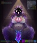 anthro bear beverage big_breasts breasts butt clothed clothing digital_media_(artwork) epic_games eye_contact eye_scar facial_scar female fortnite fur genitals hi_res humanoid inflation looking_at_another looking_at_viewer mammal nude open_mouth purple_body pussy raven_team_leader scar simple_background solo text thick_thighs white_body white_fur xenolith0