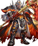 1boy armor beard black_cape cape colored_sclera dark-skinned_male dark_skin facial_hair fire_emblem fire_emblem_heroes highres holding holding_scythe looking_at_viewer non-web_source official_alternate_costume official_art orange_hair pelvic_curtain red_cape red_eyes scar scar_across_eye scythe shoulder_spikes solo spikes surtr_(fire_emblem) surtr_(resplindent)_(fire_emblem) tachi-e 
