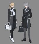  2boys alhaitham_(genshin_impact) alternate_costume bag black_coat black_footwear black_gloves black_pants blonde_hair briefcase closed_mouth coat full_body genshin_impact gloves grey_background grey_hair grey_pants hair_between_eyes hair_ornament hairclip hand_in_pocket highres holding holding_bag kaveh_(genshin_impact) long_sleeves male_focus multiple_boys pants papajay_(jennygin2) red_eyes shoes simple_background standing white_footwear 