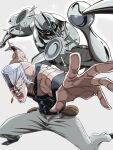  1boy absurdres araki_hirohiko_(style) flattop grey_background grey_hair highres jean_pierre_polnareff jojo_no_kimyou_na_bouken looking_at_viewer male_focus muscular muscular_male official_style pants sakata_s2023 silver_chariot simple_background solo stand_(jojo) stardust_crusaders tall_hair 