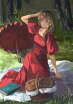  1girl absurdres blue_eyes braid brown_hair dress forest grass highres jenmin12 looking_at_viewer nature original picnic picnic_basket picnic_blanket red_dress red_umbrella solo tree umbrella 