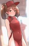  1girl arms_behind_back blush breasts brown_eyes brown_hair china_dress chinese_clothes closed_mouth covered_navel cowboy_shot dress furaggu_(frag_0416) groin hat highres kantai_collection long_hair looking_at_viewer red_dress red_headwear ryuujou_(kancolle) sleeveless sleeveless_dress small_breasts smile solo twintails 