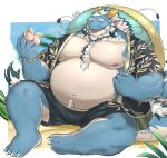 anthro asha_sonchai173 belly blue_body bottomwear bulge clothing dragon eyebrows facial_hair food fruit hair hi_res horn lifewonders male mature_male musclegut navel nipples peach_(fruit) pecs plant qinglong shorts solo thick_eyebrows tokyo_afterschool_summoners white_hair