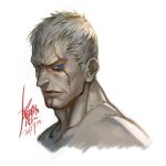  1boy artist_request blue_eyes bryan_fury check_artist cropped_head double_chin frown looking_at_viewer male_focus mature_male muscular muscular_male nude short_hair sideburns solo tekken white_background white_hair yi_lee 