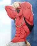  abs anthro biceps blonde_hair chainmail clothed clothing earth_pony equid equid_taur equine eyewear friendship_is_magic fur hair hasbro hi_res horse jewelry male mammal mammal_taur mlp_g5 muscular muscular_anthro muscular_arms muscular_male my_little_pony necklace nipples partially_clothed pecs pony ponyanony raised_clothing raised_shirt raised_tank_top raised_topwear red_body shirt solo sprout_cloverleaf_(mlp) sunglasses tank_top taur tight_clothing topwear triceps 