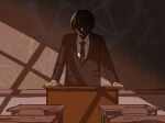  1boy arm_support black_jacket black_necktie brown_hair chalkboard classroom collared_shirt commentary_request face_in_shadow facing_viewer highres hitomi_hirosuke_(sayonara_wo_oshiete) indoors jacket kunikida_kunio leaning_forward long_sleeves male_focus necktie pentagram podium sayonara_wo_oshiete scribble shadow shirt short_hair solo standing suit suit_jacket translation_request white_shirt window_shade 