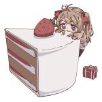  1girl :3 absurdres bag black_leggings blue_eyes blue_skirt brown_cardigan cake cardigan duffel_bag food fruit hair_ribbon hanging_on highres indie_virtual_youtuber leggings motion_lines neuro-sama red_ribbon ribbon rune_(dualhart) skirt solo sparkling_eyes spinning_ahoge strawberry virtual_youtuber 