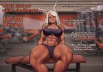 abs absurd_res animal_ears animal_humanoid big_breasts bodily_fluids bottomwear bra breasts cleavage clothed clothing dark_body dark_skin dialogue eyelashes female front_view fur grey_bottomwear grey_clothing grey_topwear hair hi_res humanoid lagomorph lagomorph_humanoid leporid_humanoid looking_at_viewer mammal mammal_humanoid my_hero_academia navel nyalinch rabbit_humanoid red_eyes rumi_usagiyama sitting smile solo sports_bra sports_panties sweat sweatdrop talking_to_viewer text thick_thighs topwear underwear white_body white_fur white_hair wide_hips