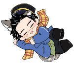  1boy animal_ears black_hair boots chibi dog_boy dog_ears dog_tail drooling from_above golden_kamuy hat highres kepi male_focus military_hat mouth_drool scar scar_on_cheek scar_on_face scar_on_mouth scar_on_nose scarf short_hair simple_background sleeping solo sugimoto_saichi tail yuchio_(4540mgmg) 