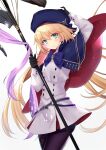  1girl artoria_caster_(fate) artoria_caster_(second_ascension)_(fate) artoria_pendragon_(fate) belt beret black_bow black_gloves black_pantyhose blue_belt blue_cloak blue_headwear blush bow buttons cloak closed_mouth collar collared_shirt fate/grand_order fate_(series) gem gloves gold_trim green_eyes hair_between_eyes hair_bow hat highres holding holding_staff long_hair long_sleeves multicolored_cloak ornament pantyhose pink_ribbon purple_bow ribbon shirt sina_(sinasinatu) skirt smile staff standing twintails white_background white_shirt white_skirt 