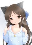  animal_ears blue_hoodie breasts brown_eyes brown_hair cat_ears cat_tail collarbone commentary_request drawstring highres hood hood_down hoodie hosizora_mikoto idolmaster idolmaster_cinderella_girls long_hair looking_at_viewer parted_lips small_breasts tachibana_arisu tail upper_body 