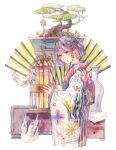 1girl back_bow bird bonsai bow cage chinese_commentary commentary_request cowboy_shot drawer flower_knot folding_fan hair_bow hand_fan holding holding_cage huangpi_sang japanese_clothes kimono long_sleeves looking_at_animal obi original painting_(medium) pink_bow plant potted_plant red_bow red_eyes sash short_hair simple_background sleeves_past_wrists solo striped striped_kimono traditional_media vase vertical-striped_kimono vertical-striped_sleeves vertical_stripes watercolor_(medium) white_background white_bird white_kimono white_sleeves wide_sleeves yukata 