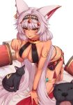  1girl 2others absurdres animal animal_ear_fluff animal_ears black_cat blush breasts cat cleavage dark-skinned_female dark_skin earrings facial_tattoo guardian_tales highres ice_witch_lupina jewelry long_hair multiple_others official_alternate_costume revealing_clothes tattoo tongue tongue_out white_hair wolf_ears wolf_girl xize9247 yellow_eyes 