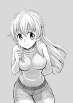  1girl arm_behind_back belt breasts breasts_day carpaccio_(girls_und_panzer) closed_mouth cowboy_shot girls_und_panzer good_breasts_day greyscale hair_between_eyes highres light_blush long_hair looking_to_the_side medium_breasts monochrome pants ribbed_sweater simple_background sleeveless sleeveless_sweater smile solo sutahiro_(donta) sweater turtleneck turtleneck_sweater 