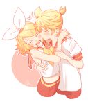  1boy 1girl bare_shoulders black_sailor_collar black_shorts blonde_hair blush bon_bon_eee bow brother_and_sister closed_eyes hair_bow hair_ornament hairclip heart highres incest kagamine_len kagamine_rin kiss kissing_cheek open_mouth outline sailor_collar shirt short_hair short_ponytail short_sleeves shorts siblings signature simple_background twincest twins vocaloid white_bow white_outline white_shirt 