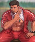  1boy abs arm_hair bara beard blurry blurry_background brown_eyes brown_hair clothes_lift dark-skinned_male dark_skin f-una facial_hair gym_teacher jacket large_pectorals looking_at_viewer male_focus muscular muscular_male mustache navel_hair nipples original pants pectorals red_jacket red_pants shirt shirt_lift short_hair sitting smile solo sweat track_suit underpec veins veiny_arms very_sweaty watch whistle white_shirt wristwatch 