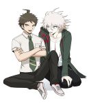  2boys :d absurdres ahoge badge black_pants breast_pocket brown_hair collared_shirt crossed_arms danganronpa_(series) danganronpa_2:_goodbye_despair green_jacket green_necktie grey_background grey_hair highres hinata_hajime hood hood_down hooded_jacket jacket knee_up komaeda_nagito long_sleeves messy_hair multiple_boys natsukusa_(hacho129) necktie open_clothes open_jacket pale_skin pants pocket print_shirt seiza shirt shoes simple_background sitting smile teeth upper_teeth_only white_shirt 