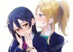  2girls ayase_eli biting blazer blonde_hair blue_eyes blue_hair blue_jacket blush bow bowtie collared_shirt commentary_request ear_biting furrowed_brow green_bow green_bowtie hand_on_another&#039;s_head highres jacket long_hair long_sleeves looking_at_another love_live! love_live!_school_idol_project multiple_girls orange_eyes otonokizaka_school_uniform parted_lips ponytail red_bow red_bowtie school_uniform shirt sidelocks sonoda_umi striped striped_bow striped_bowtie suito upper_body white_background white_shirt winter_uniform yuri 