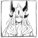 1girl absurdres ahoge arknights black_border border dragon_girl dragon_horns greyscale highres horns jacket jacket_on_shoulders long_hair looking_at_viewer monochrome multiple_horns open_clothes open_jacket reed_(arknights) sketch solo sweater touko_(toko12_tooko) upper_body 