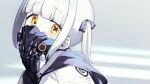  1girl black_mask blue_archive blunt_bangs colored_skin commentary_request ein_(blue_archive) extra_pupils highres looking_at_viewer mechanical_hands medium_hair portrait respirator signalviolet solo symbol-shaped_pupils twintails upper_body white_hair white_skin x-shaped_pupils yellow_eyes 