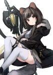  1girl absurdres animal_ears arknights black_footwear black_hair black_jacket breasts brown_eyes commentary_request feet_out_of_frame fur-trimmed_hood fur-trimmed_sleeves fur_trim grey_hair grey_skirt hair_over_shoulder highres honeyberry_(arknights) hood hood_down hooded_jacket jacket long_hair long_sleeves looking_at_viewer low_twintails multicolored_hair parted_lips pleated_skirt shirt shoes simple_background skirt small_breasts solo streaked_hair teruriu thighhighs twintails weapon white_background white_shirt white_thighhighs 