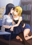  1_rt_de_nakawarui_nonke_joshi-tachi_ga_1-byou_kiss_suru 2girls bare_arms bare_legs bare_shoulders black_camisole black_hair black_pantyhose blonde_hair blue_eyes blue_skirt blush book bookshelf breasts camisole coffee_mug collarbone commentary_request cup denim denim_shorts earclip fukuroumori hair_between_eyes highres holding holding_book indoors kneeling long_hair looking_at_another medium_breasts medium_hair mug multiple_girls open_mouth pantyhose shirt shorts sitting skirt strap_slip stuffed_animal stuffed_rabbit stuffed_toy tongue white_shirt yellow_eyes yuri 