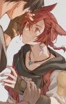  2boys adventurer_(ff14) animal_ears arm_wrap black_scarf braid braided_ponytail brown_gloves brown_hair cat_ears collarbone commentary elbow_gloves facial_mark final_fantasy final_fantasy_xiv fingerless_gloves from_side g&#039;raha_tia gloves hair_ornament hand_in_another&#039;s_hair hand_on_another&#039;s_head hand_up holding_another&#039;s_wrist jewelry looking_at_another male_focus mid.m miqo&#039;te multiple_boys neck_tattoo out_of_frame pendant red_eyes red_hair scarf short_hair simple_background single_braid solo_focus swept_bangs tattoo upper_body warrior_of_light_(ff14) white_background wide-eyed x_hair_ornament yaoi 