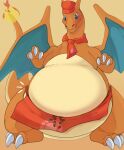 2023 absurd_res ambiguous_gender anthro apron belly belly_squish big_belly biped blush charizard claws clothed clothing digital_drawing_(artwork) digital_media_(artwork) dragon embarrassed fangs fire flaming_tail full-length_portrait generation_1_pokemon gradient_background hi_res kerchief looking_at_own_belly looking_down looking_down_at_self membrane_(anatomy) membranous_wings multicolored_body neckerchief nintendo obese obese_ambiguous obese_anthro orange_body overweight overweight_ambiguous overweight_anthro pokemon pokemon_(species) pokemon_cafe_remix portrait red_apron red_cap red_kerchief red_neckerchief reptile scalie simple_background solo squish standing tail tan_body teeth tight_clothing two_tone_body uniform waiter weight_conscious wings xeniyy