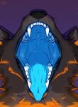 2023 ambiguous_gender anthro black_nose blue_tongue bodily_fluids canid dated famir_(artist) fangs front_view fur grey_body grey_fur hi_res mammal markings mouth_shot obscured_eyes open_mouth orange_markings saliva saliva_string signature solo teeth tongue