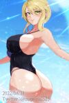  1girl arched_back artoria_pendragon_(fate) artoria_pendragon_(lancer)_(fate) ass bangs blue_sky braid braided_bun breasts closed_mouth dated fate/grand_order fate_(series) green_eyes hair_bun highres large_breasts looking_at_viewer one-piece_swimsuit sideboob sidelocks sky smile solo swept_bangs swimsuit thick_thighs thighs twisted_torso twitter_username wet zumizu 