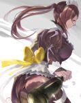  1girl alcohol black_dress bottle breasts bridal_gauntlets brown_eyes brown_hair cowboy_shot dress fire_emblem fire_emblem_fates fire_emblem_heroes glass_bottle hair_over_one_eye holding kagero_(fire_emblem) kagero_(halloween)_(fire_emblem) large_breasts long_hair long_sleeves looking_at_viewer looking_back maid maid_headdress official_alternate_costume oh01861884 ponytail puffy_sleeves simple_background solo thighhighs wine wine_bottle 
