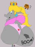 anthro butt_crush elephant_peach female goomba group hi_res human looking_back looming_butt luigi macro male male/female mammal mario mario_bros micro ms.quote nintendo onomatopoeia overweight overweight_female sitting_on_another sound_effects text trio unaware