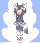  1girl animal_ears arms_up blazer blue_background coroha extra_ears full_body gloves grey_hair grey_wolf_(kemono_friends) jacket jumping kemono_friends long_hair looking_at_viewer necktie shoes simple_background skirt solo tail thighhighs wolf_ears wolf_girl wolf_tail 