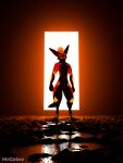 3d_(artwork) anthro blender_(software) blender_cycles canid canine digital_media_(artwork) feathers fur glowing glowing_eyes hi_res jex jexouium looking_at_viewer male mammal mrgaleo orange_body orange_fur rexouium simple_background solo tail