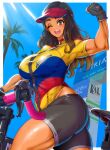  1girl bicycle bike_shorts blue_sky breasts brown_hair character_request copyright_request dark-skinned_female dark_skin from_below green_eyes ground_vehicle helmet highres jazz_kawa_sodom large_breasts looking_at_viewer medium_breasts medium_hair muscular muscular_female one_eye_closed open_mouth palm_tree shirt skin_tight sky solo taut_clothes taut_shirt thick_thighs thighs toned tree 