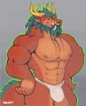 2024 abs anthro asian_mythology biceps blue_hair bulge chinese_zodiac clothed clothing digital_media_(artwork) dragon east_asian_mythology eastern_dragon fangs fur hair hi_res horn male muscular muscular_anthro muscular_male mythology nipples orange_body red_body scalie simple_background smile solo tail teeth underwear valnvt year_of_the_dragon