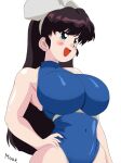  1girl blue_eyes blush breasts brown_hair donguri2 highres huge_breasts kuonji_ukyou leotard long_hair open_mouth ranma_1/2 simple_background smile solo 