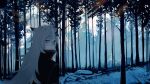  1girl animal_ears arknights black_jacket crimiko forest from_behind grey_eyes hair_ornament hairclip highres jacket lappland_(arknights) long_hair looking_at_viewer looking_back nature scenery snow solo tree upper_body white_hair wolf_ears wolf_girl 
