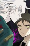  2boys black_background black_necktie blood brown_eyes bullet collared_shirt danganronpa_(series) danganronpa_2:_goodbye_despair green_jacket grey_eyes highres hinata_hajime hood hood_down jacket komaeda_nagito male_focus messy_hair multiple_boys natsukusa_(hacho129) necktie pale_skin parted_lips pink_background pink_blood portrait profile shirt short_hair sweatdrop teeth white_hair 