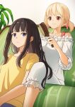  2girls aoi_hane bamboo black_hair blonde_hair blunt_bangs brushing_another&#039;s_hair brushing_hair collarbone couch frills highres inoue_takina long_hair lycoris_recoil multiple_girls nishikigi_chisato purple_eyes red_eyes shirt short_hair side_ponytail sitting smile yellow_shirt 