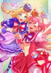  2girls :d ;d aqua_hair arm_up blonde_hair blush bow braid bright_pupils brooch capelet crown cure_friendy cure_wonderful dot_nose dress earrings fingernails hairband heart heart_brooch highres inukai_iroha inukai_komugi jewelry long_hair looking_at_viewer magical_girl mini_crown multicolored_background multicolored_hair multiple_girls n-bata one_eye_closed open_mouth pantyhose paw_pose paw_print petticoat pink_bow pink_capelet pink_dress pink_hair pouch precure puffy_sleeves purple_bow purple_capelet purple_dress purple_eyes purple_hairband purple_pantyhose short_dress smile streaked_hair striped striped_bow twin_braids two-tone_hair two_side_up wonderful_precure! wrist_cuffs yellow_hairband 