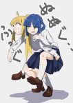  2girls ahoge blonde_hair blue_hair bocchi_the_rock! carrying carrying_person clenched_teeth constricted_pupils highres ijichi_nijika long_hair medium_hair multiple_girls oekakiism open_mouth piggyback red_eyes side_ponytail teeth yamada_ryo yellow_eyes 